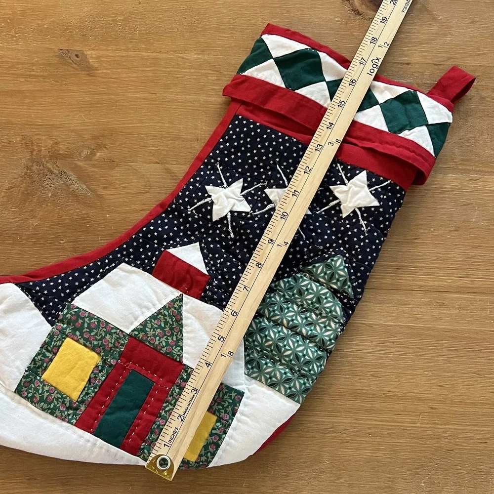 Quilted Christmas Stocking Patchwork Cottage Stars Farmhouse Holiday Decor